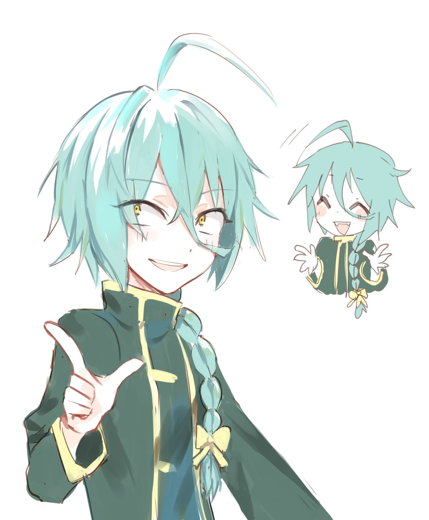 1boy, :d, absurdres, ahoge, ashe_bradley, blue_hair, bow, braid, buttoniris, commentary, english_commentary, eyebrows_visible_through_hair, green_jacket, hair_between_eyes, hair_bow, hair_over_shoulder, hair_ribbon, hand_up, highres, index_finger_raised, jacket, long_hair, long_sleeves, looking_at_viewer, male_focus, motion_lines, open_mouth, ribbon, round_teeth, simple_background, smile, solo, teeth, tress_ribbon, upper_teeth, white_background, witch's_heart, yellow_bow, yellow_eyes