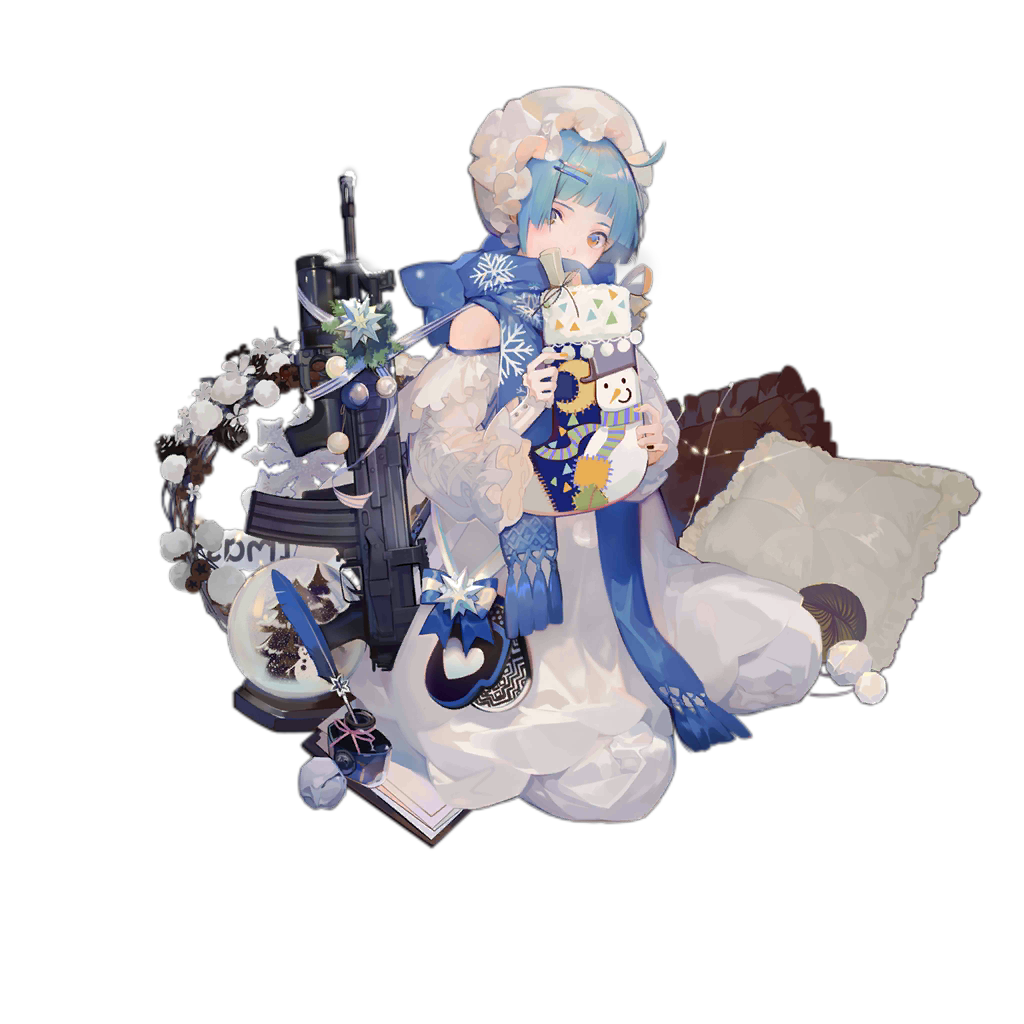 1girl, ahoge, alternate_costume, assault_rifle, bangs, bare_shoulders, blue_hair, blue_scarf