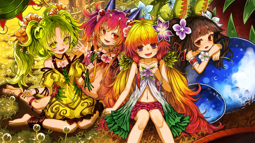 4girls, ahoge, bare_shoulders, blonde_hair, brown_hair, dress, duel_monster, flower, green_eyes, green_hair, hair_flower, hair_ornament, highres, kazura_the_mesmerizing_maneater, lithiumrider, long_hair, low_twintails, multiple_girls, navel, open_mouth, red_eyes, redhead, traptrix_dionaea, traptrix_mantis, traptrix_sera, twintails, violet_eyes, yuu-gi-ou