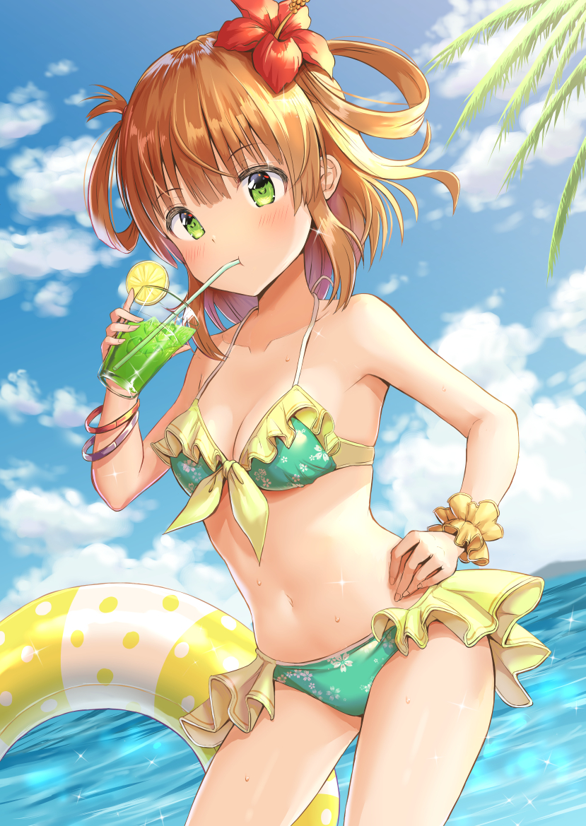 1girl, bangs, bikini, blue_sky, blush, bracelet, breasts, clouds