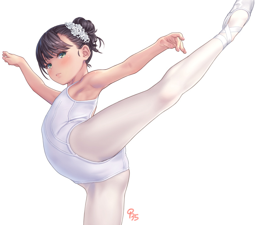 aoi_kumiko, ballet, black_hair, breasts, green_eyes, hair_ornament, highres, leotard