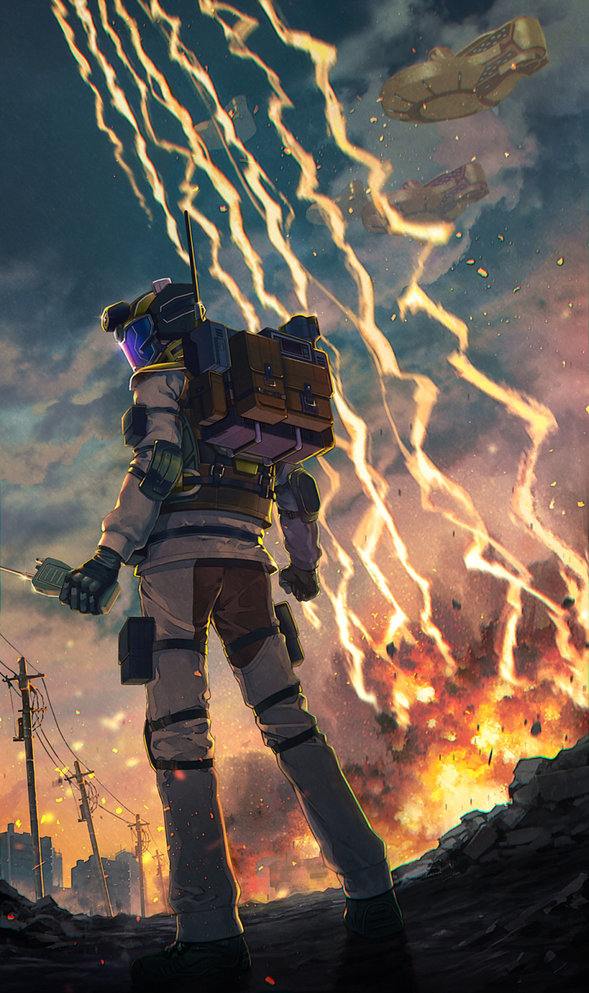 1boy, air_raider_(edf), commentary, dutch_angle, earth_defense_force, explosion, helmet, highres, male_focus, military, military_uniform, minato_(getto_m), radio, sky, solo, uniform, visor