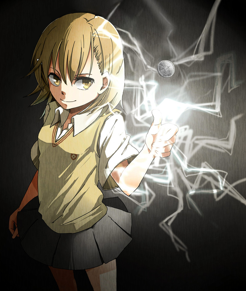 1girl, biribiri, brown_hair, coin, electricity, minato_(getto_m), misaka_mikoto, school_uniform