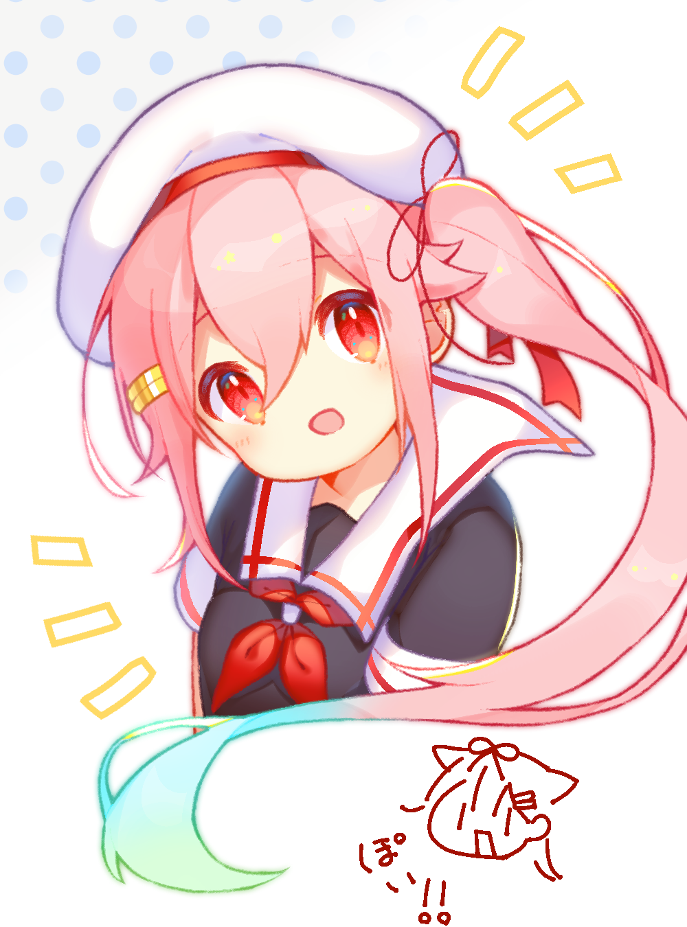 1girl, :d, bangs, beret, black_serafuku, black_shirt, chibi, chomo_(kdeko)