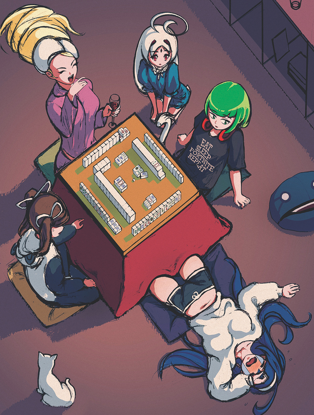 5girls, ahoge, blonde_hair, blue_hair, blush, breasts, brown_hair, cat