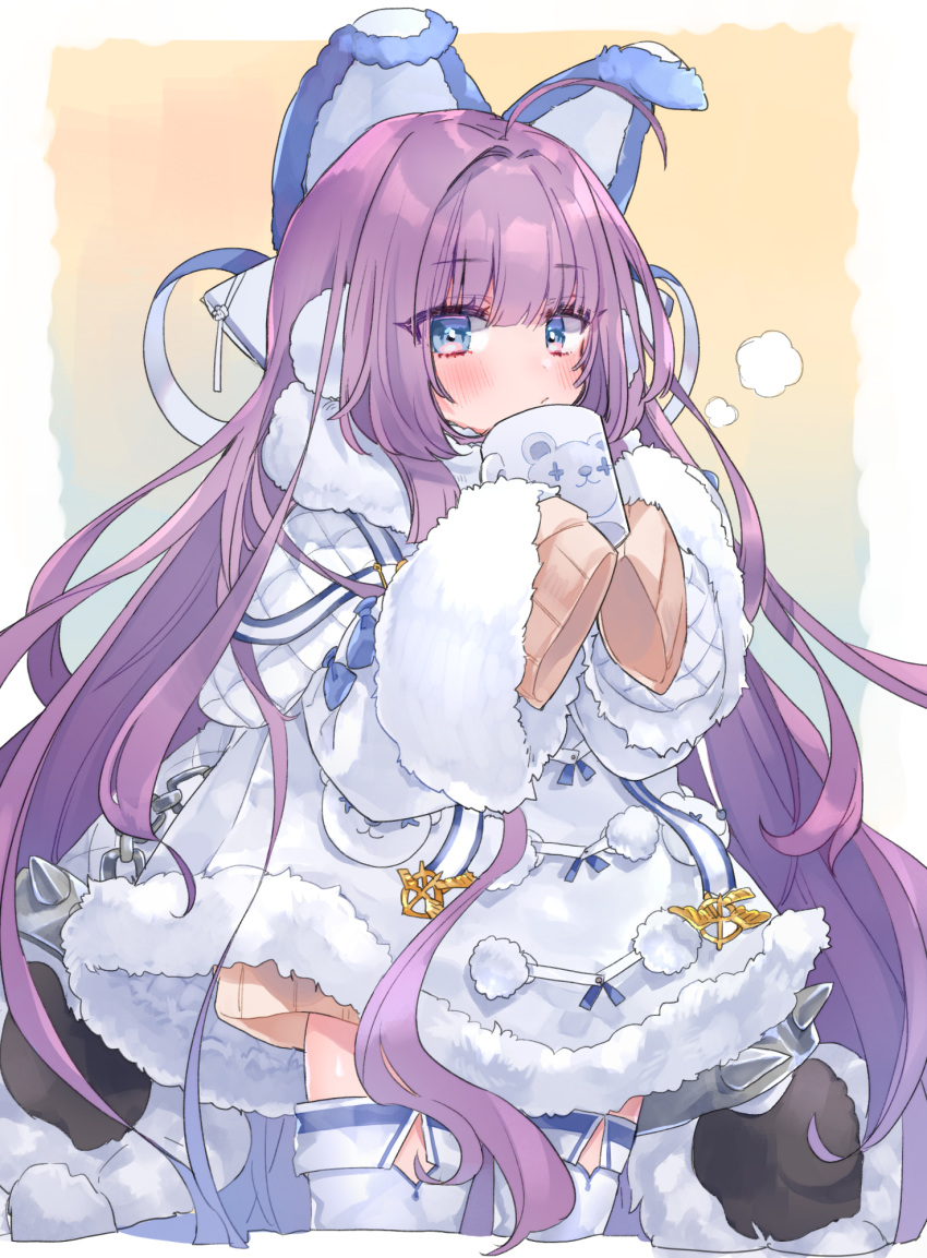 1girl, animal_ears, animal_print, azur_lane, bangs, bear_print, beige_sweater, blue_eyes