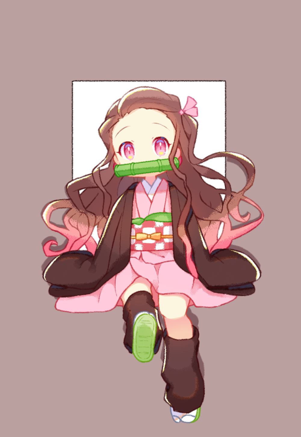 1girl, bamboo, bit_gag, brown_hair, brown_jacket, checkered_obi, chomo_(kdeko), eyebrows