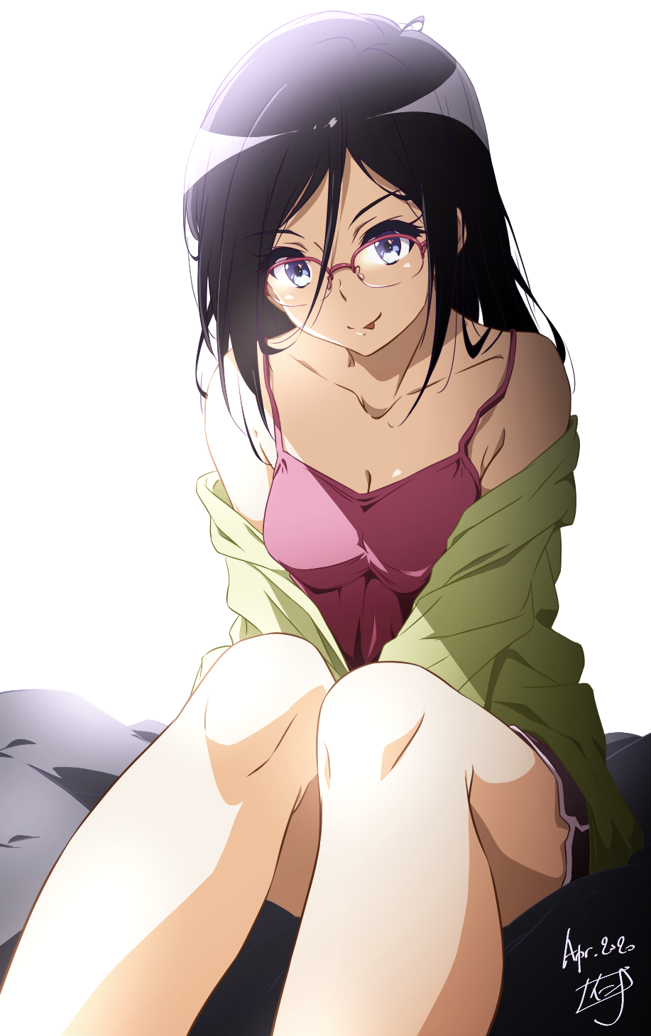 1girl, bed, black_hair, black_shorts, blue_eyes, camisole, casual, commentary_request
