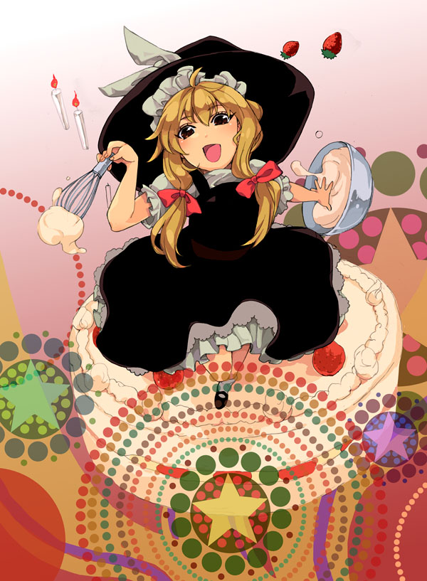 batter, blonde_hair, cake, cooking, food, fruit, hair_ribbon, hair_ribbons