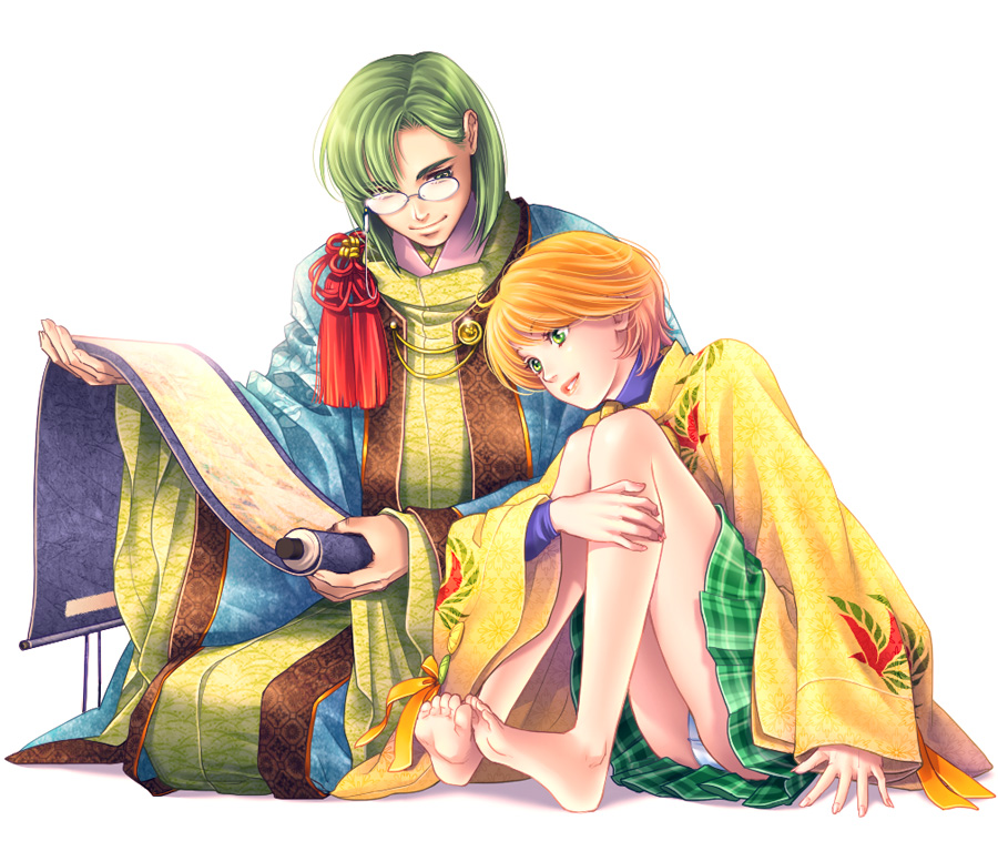 1boy, 1girl, bare_legs, barefoot, feet, fingernails, fingers, fujiwara_no_yukitaka, full_body, glasses, green_eyes, hands, harukanaru_toki_no_naka_de, harukanaru_toki_no_naka_de_2, heian, japanese_clothes, kariginu, kimono, kiske, layered_clothing, layered_kimono, legs, lips, orange_hair, panties, pantyshot, scroll, short_hair, sitting, skirt, smile, takakura_karin, underwear, wide_sleeves
