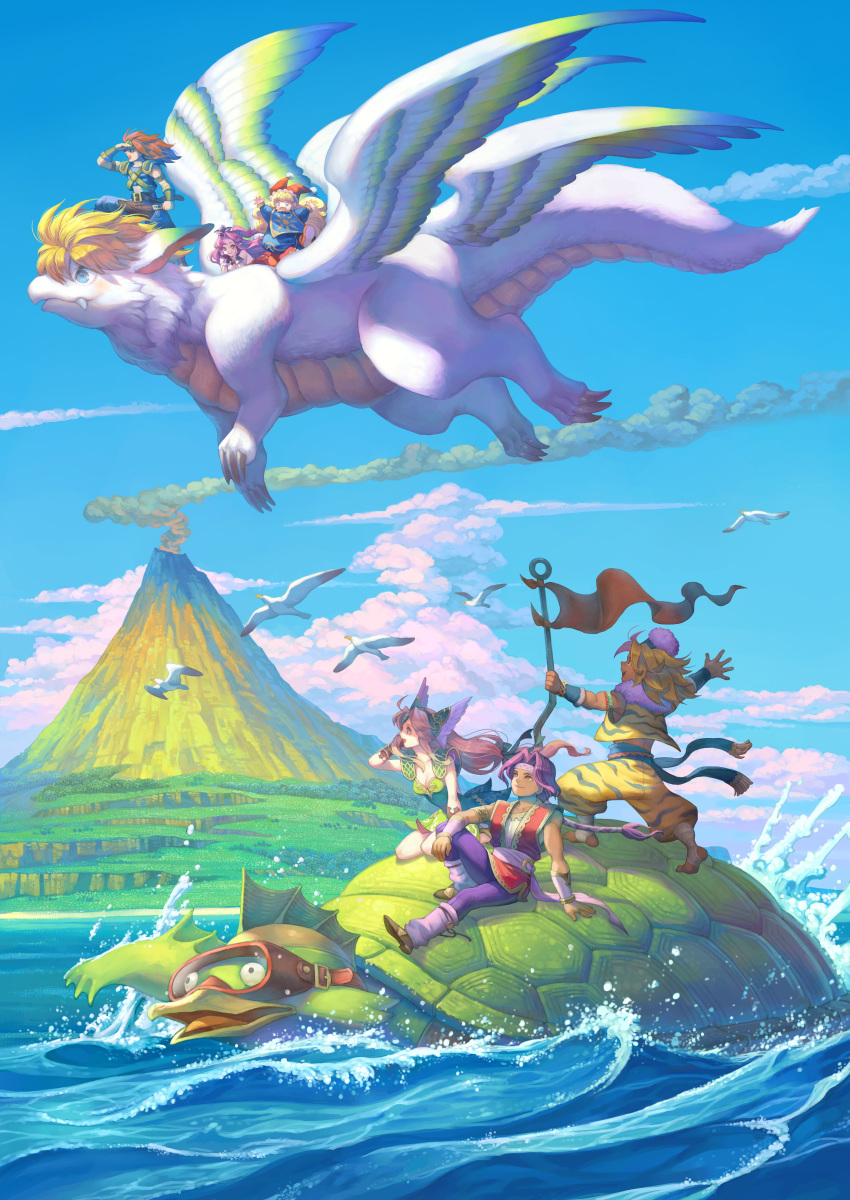 3boys, 3girls, absurdres, angela_(seiken_densetsu_3), bird, charlotte_(seiken_densetsu_3), clouds, diving_mask