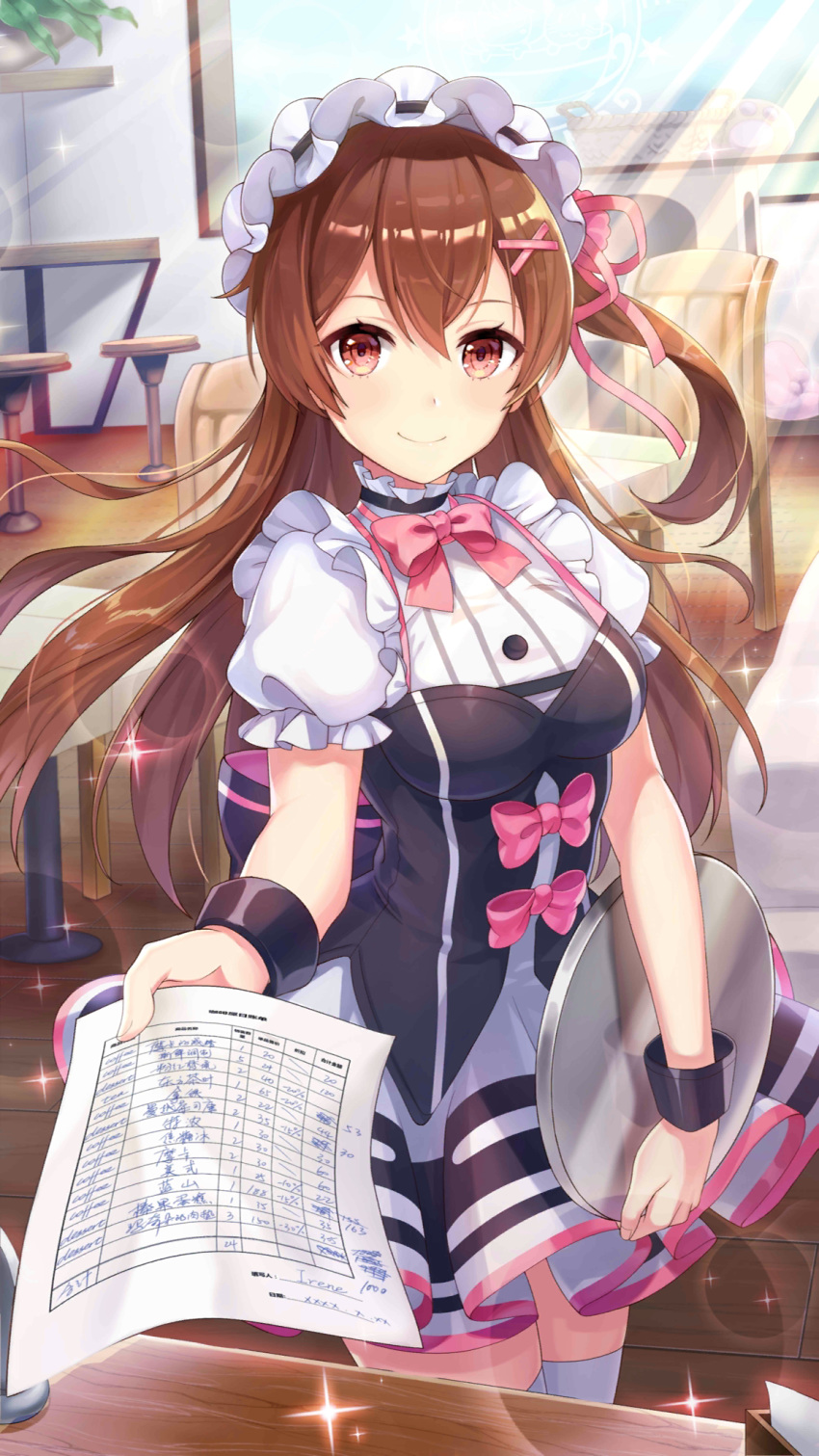 1girl, alternate_costume, bow, bowtie, breasts, brown_hair, chair, criin