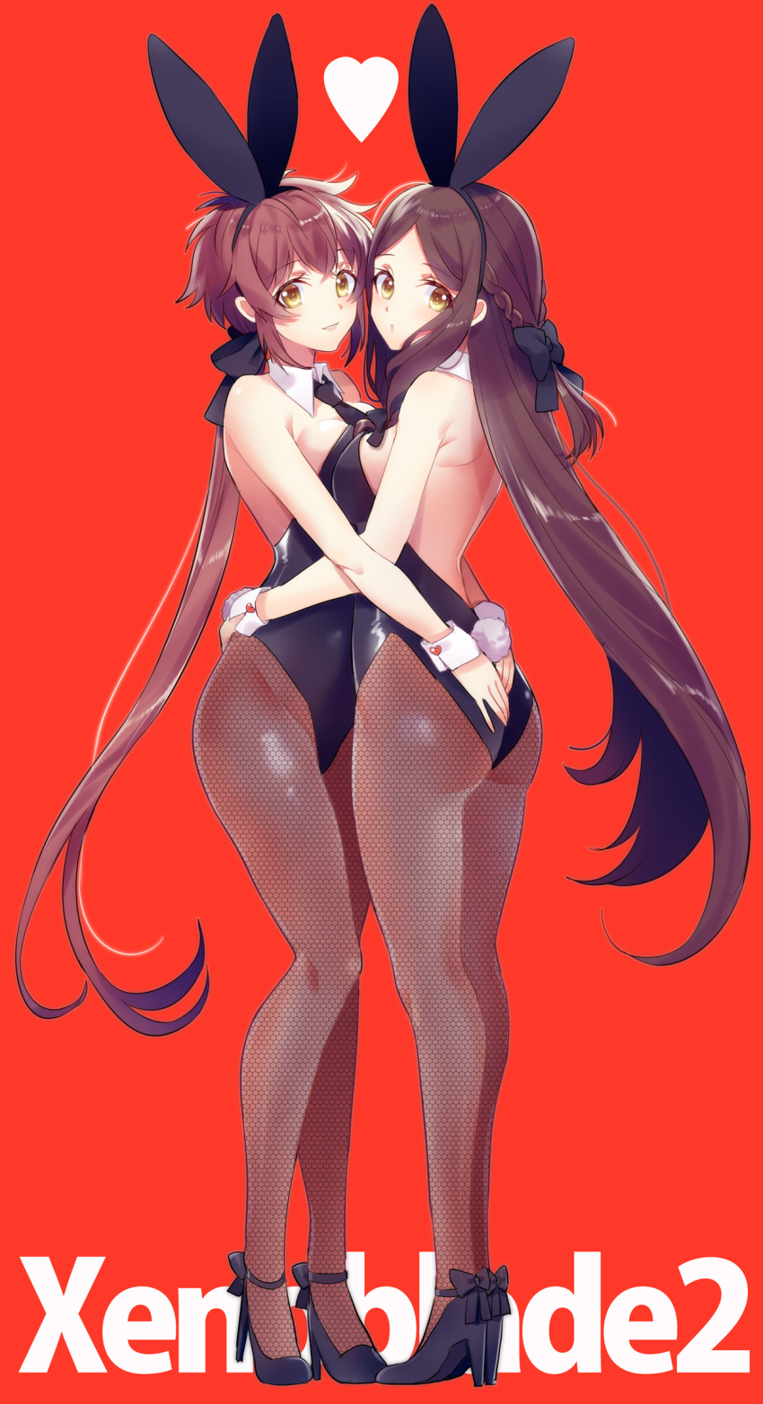 2girls, :o, alternate_costume, animal_ears, ass, ass_grab, back, backless_outfit, bare_back, black_bow, black_footwear, black_leotard, black_neckwear, blue_background, blush, bow, braid, breast_press, breasts, brown_hair, brown_legwear, bunny_girl, bunny_tail, bunnysuit, copyright_name, couple, detached_collar, eyebrows_visible_through_hair, fake_animal_ears, fan_la_norne, fishnet_legwear, fishnets, french_braid, from_side, full_body, gloves, hair_bow, heart, heart_button, high_heels, highres, himono_xeno, hug, leotard, long_hair, looking_at_viewer, looking_back, lora_(xenoblade_2), medium_breasts, multiple_girls, necktie, pantyhose, parted_lips, ponytail, rabbit_ears, red_background, shoes, short_hair, sidelocks, simple_background, smile, standing, strapless, strapless_leotard, strappy_heels, symmetrical_docking, tail, very_long_hair, wrist_cuffs, xenoblade_(series), xenoblade_2, xenoblade_2:_ogon_no_kuri_ira, yellow_eyes, yuri