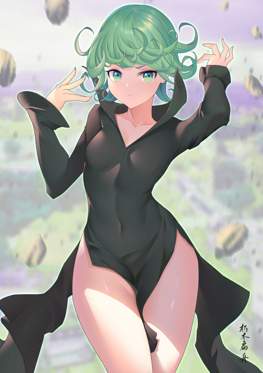 1girl, absurdres, arm_up, bangs, black_dress, breasts, collarbone, commentary_request