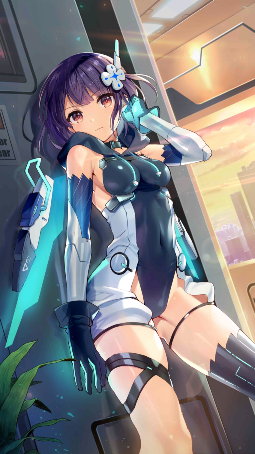 1girl, arm_up, armpit_crease, bare_shoulders, black_gloves, black_legwear, bodysuit, breasts