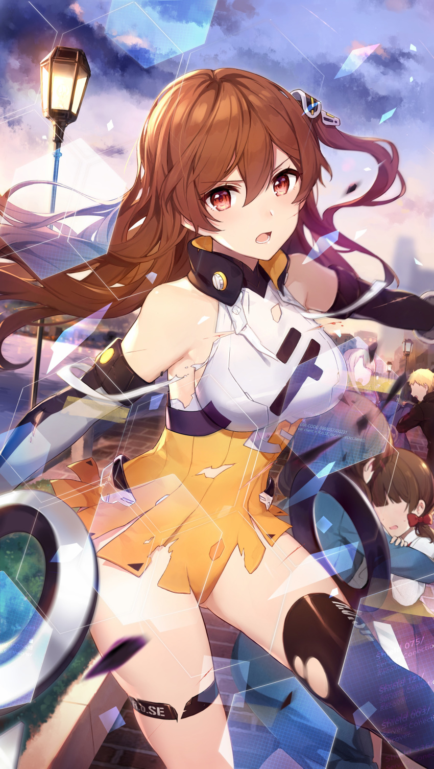 1girl, absurdres, armpits, bare_shoulders, black_legwear, breasts, brown_hair, dress