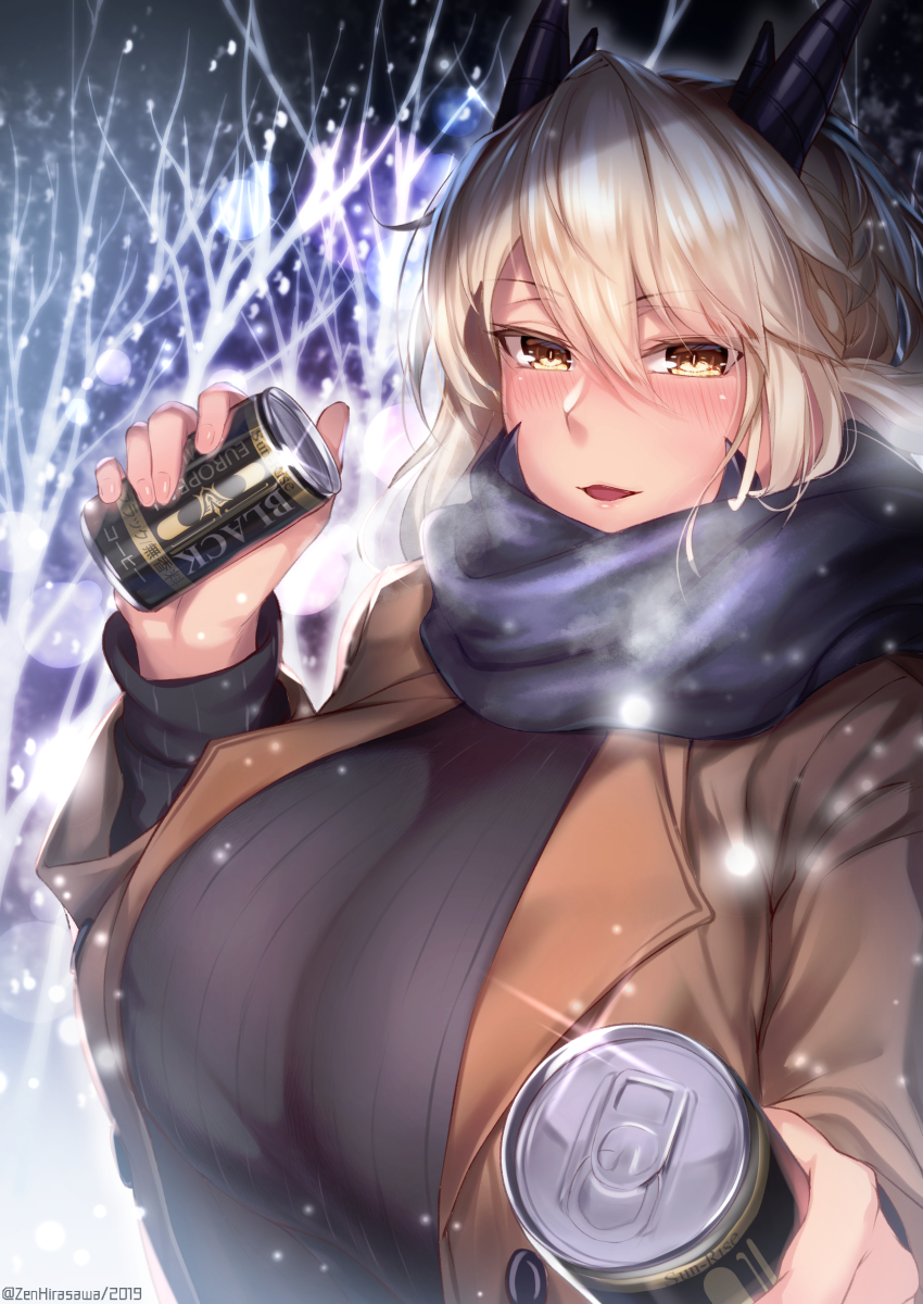 1girl, artoria_pendragon_(all), artoria_pendragon_(lancer_alter), black_sweater, blush, breasts, can, coat