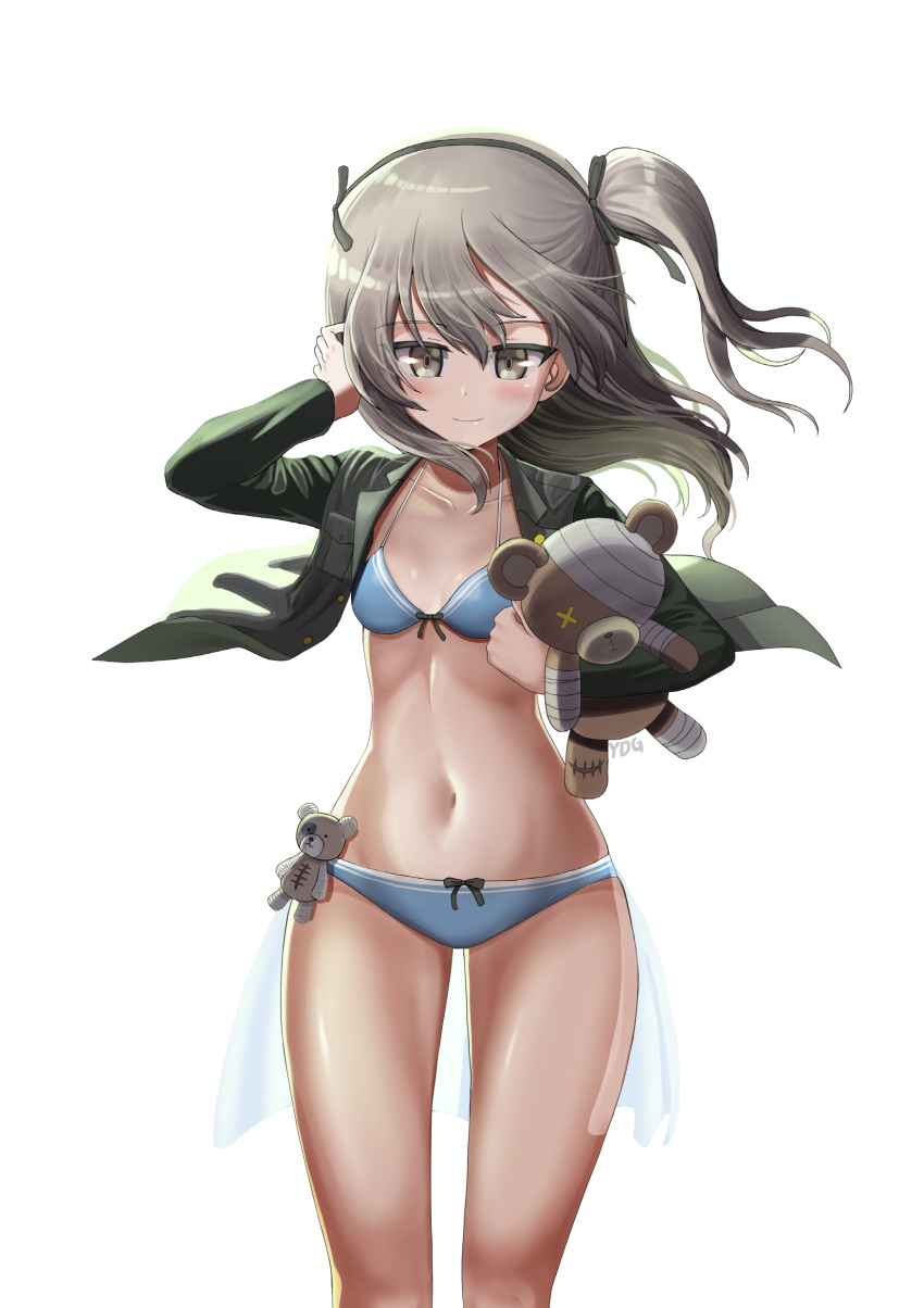 1girl, absurdres, artist_name, bandages, bangs, bikini, black_jacket, black_ribbon