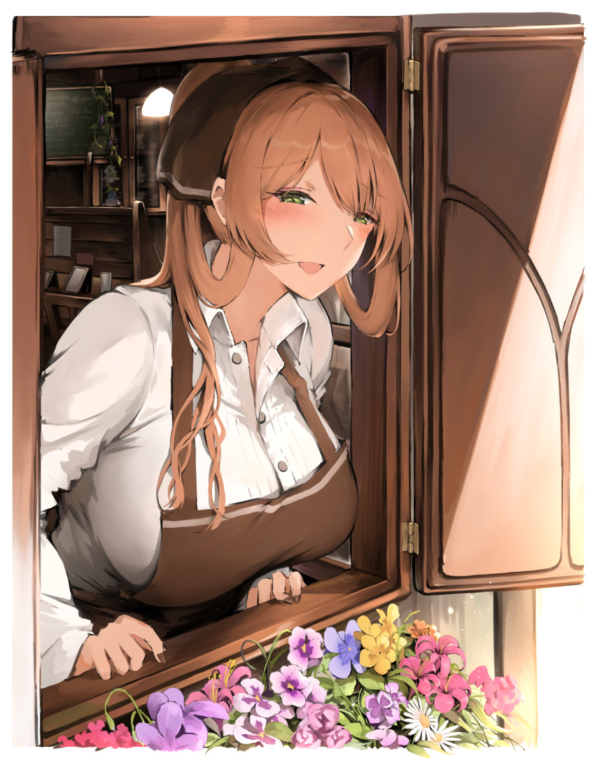 1girl, :d, alternate_costume, apron, bangs, blush, breasts, brown_apron