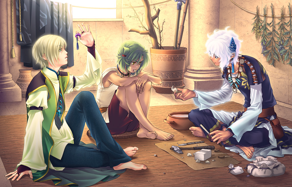 3boys, arm_support, barefoot, blonde_hair, carving, crossed_ankles, crossed_legs, feet