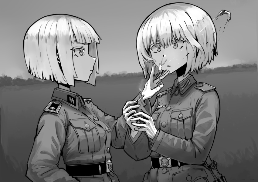 2girls, bangs, bayonet, belt, belt_buckle, blunt_bangs, blurry, buckle, cigarette, commentary, depth_of_field, erica_(naze1940), flick, greyscale, leyna_koch, military, military_uniform, monochrome, multiple_girls, original, outdoors, short_hair, soldier, surprised, uniform, upper_body, world_war_ii