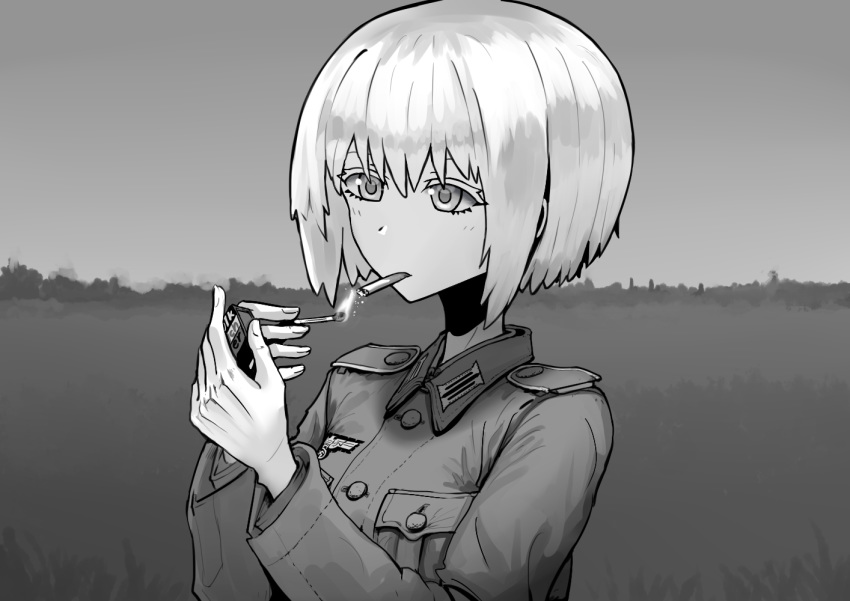 1girl, blurry, cigarette, depth_of_field, erica_(naze1940), greyscale, horizon, leyna_koch