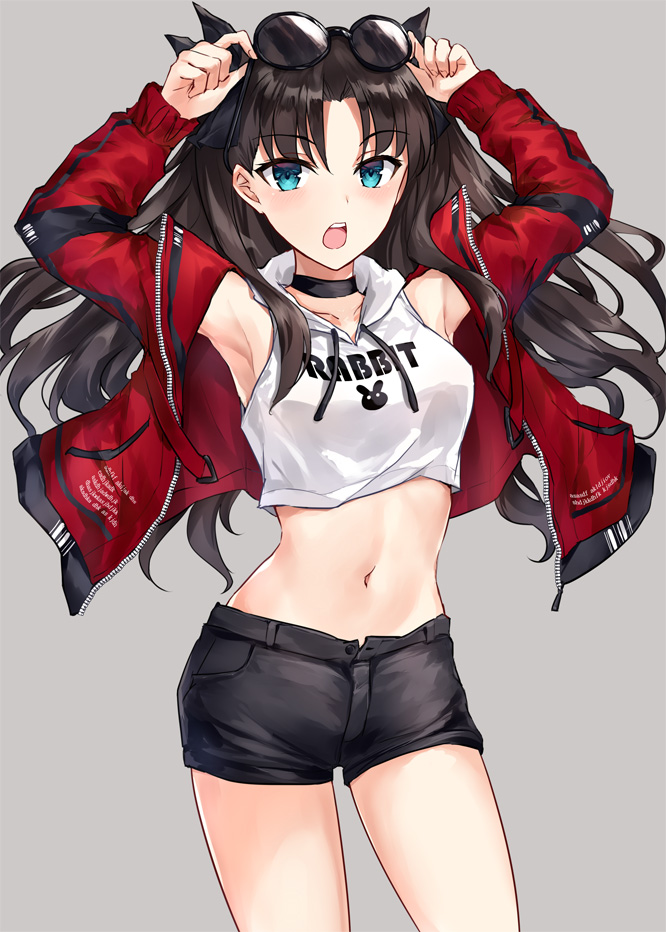 1girl, animal_print, armpits, arms_up, asle, bangs, bare_shoulders, black-framed_eyewear