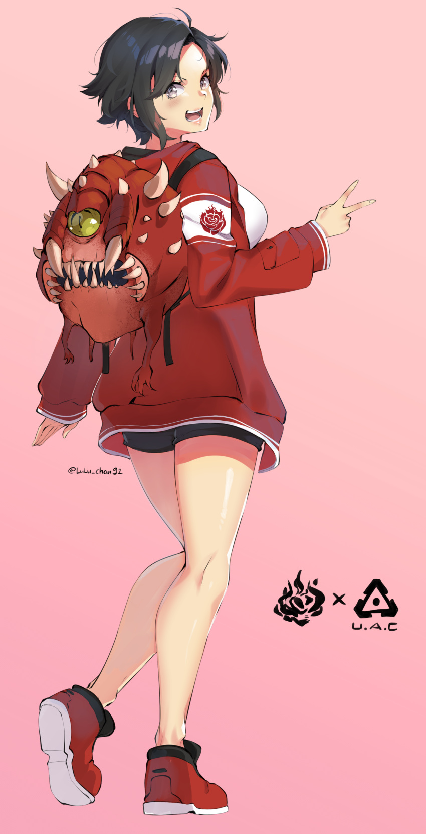 1girl, absurdres, backpack, bag, black_hair, black_shorts, breasts, cacodemon, doom_(game), full_body, grey_eyes, highres, jacket, large_breasts, long_sleeves, looking_at_viewer, lulu-chan92, open_mouth, pink_background, pun, red_footwear, red_jacket, ruby_rose, rwby, shirt, shoes, short_hair, shorts, simple_background, smile, solo, v, white_shirt