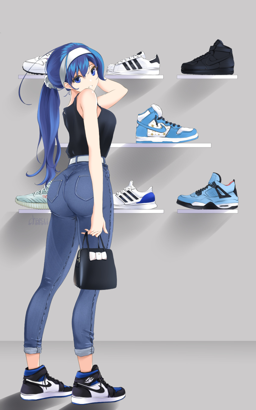 1girl, adidas, ahoge, air_jordan_1, air_jordan_5, alternate_hairstyle, ass, bag, blue_eyes, blue_hair, breasts, camisole, casual, chaesu, denim, fashion, hair_ornament, hair_pulled_back, hair_scrunchie, hairband, handbag, highres, huge_ahoge, jeans, long_legs, looking_back, medium_breasts, nike, nike_air_force_1, orie_(under_night_in-birth), pants, ponytail, scrunchie, shelf, shoes, shopping, sneakers, solo, under_night_in-birth, white_hairband