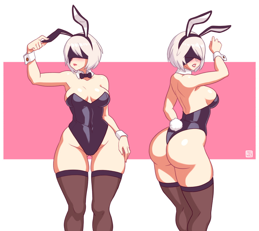 1girl, absurdres, black_blindfold, black_leotard, blindfold, bow, bowtie, breasts, bunny_tail, cuffs, highres, leotard, lips, looking_back, medium_breasts, mole, mole_under_mouth, nier_(series), nier_automata, parted_lips, rizdraws, short_hair, tail, white_hair, white_tail, wide_hips, yorha_no._2_type_b
