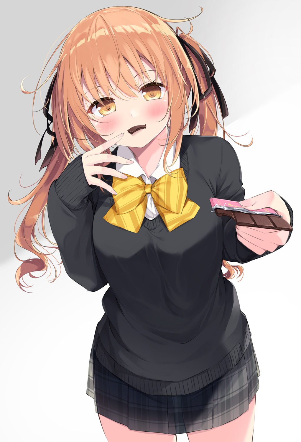 1girl, bangs, black_ribbon, black_sweater, blush, bow, breasts, brown_eyes