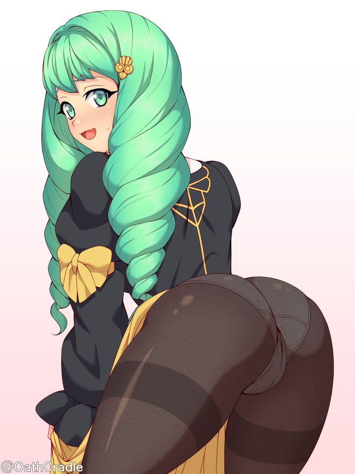 1girl, ass, back, black_legwear, blush, cowboy_shot, drill_hair, embarrassed