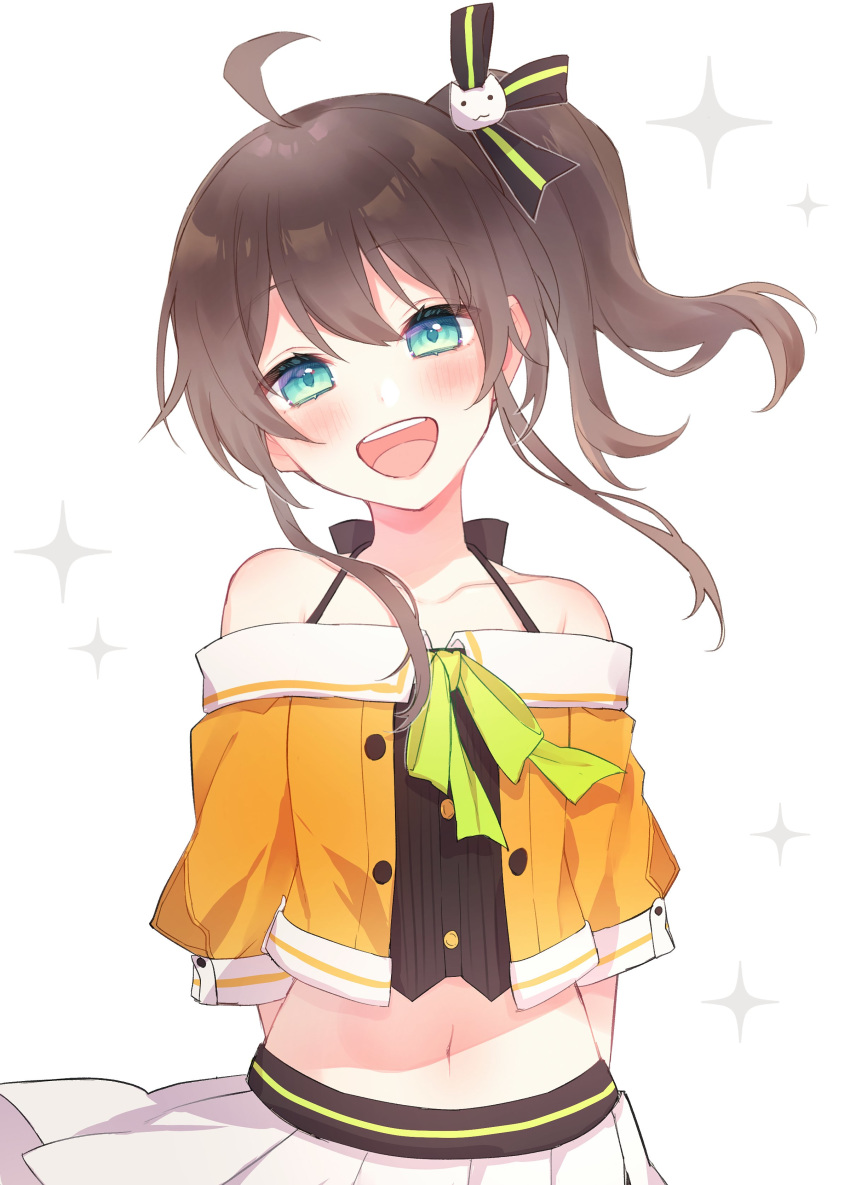 1girl, absurdres, ahoge, arms_behind_back, black_camisole, blue_eyes, blush, brown_hair