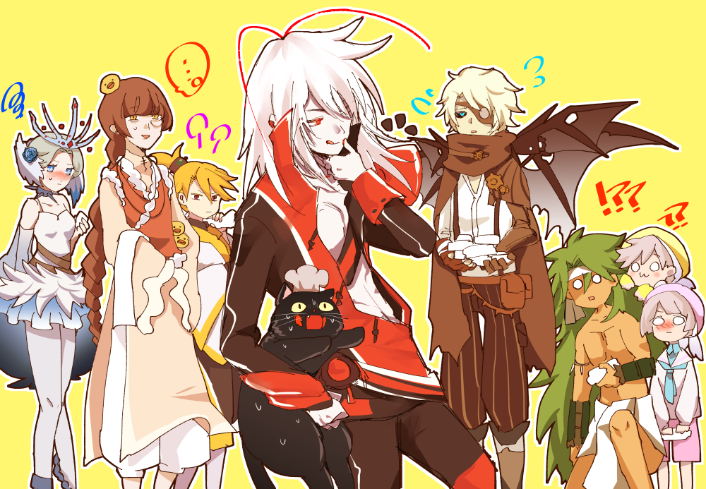 1girl, 6+boys, abs, animal_on_head, antennae, b-52_cocktail_(food_fantasy), ballerina, ballet_leotard