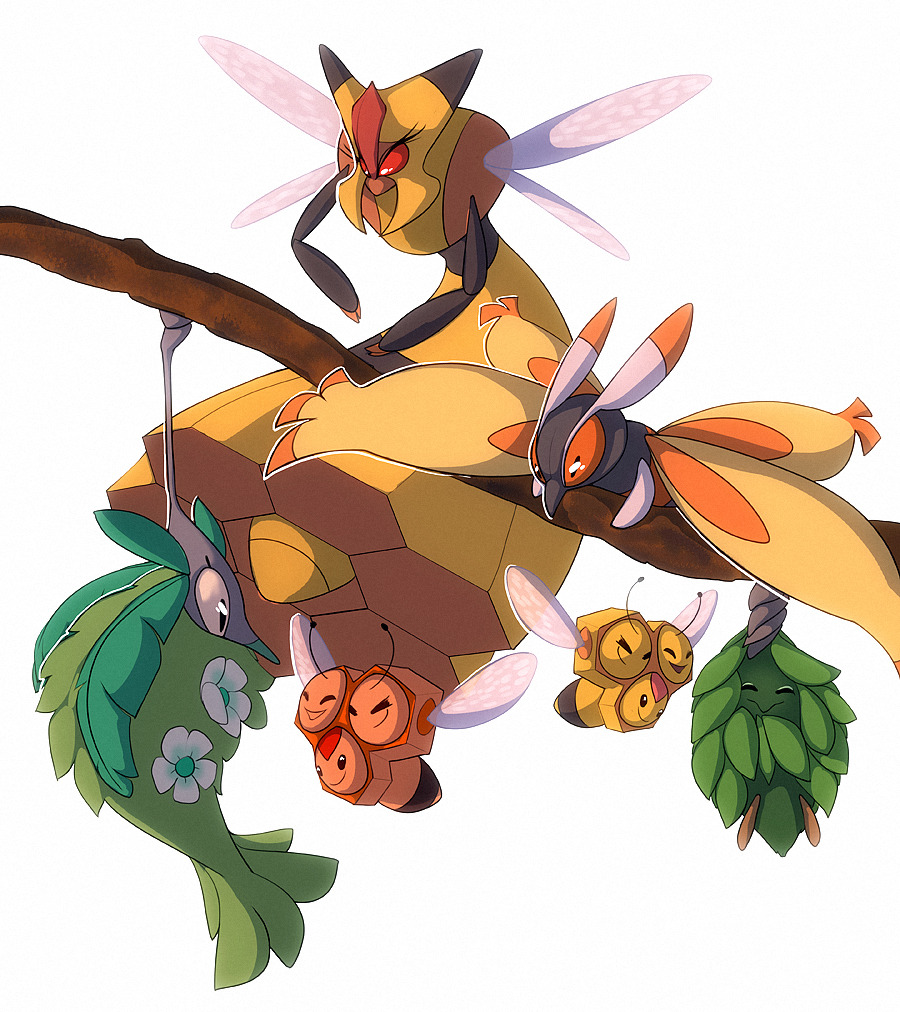 ^_^, black_eyes, burmy, burmy_(plant), closed_eyes, combee, commentary, creature