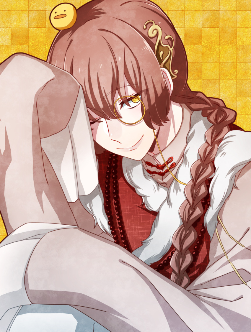 1boy, agehacat, animal_on_head, bird, bird_on_head, braid, brown_hair, chinese_clothes, duck, food_fantasy, highres, long_braid, long_hair, male_focus, monocle, on_head, one_eye_closed, peking_duck_(food_fantasy), smile, solo, yellow_eyes