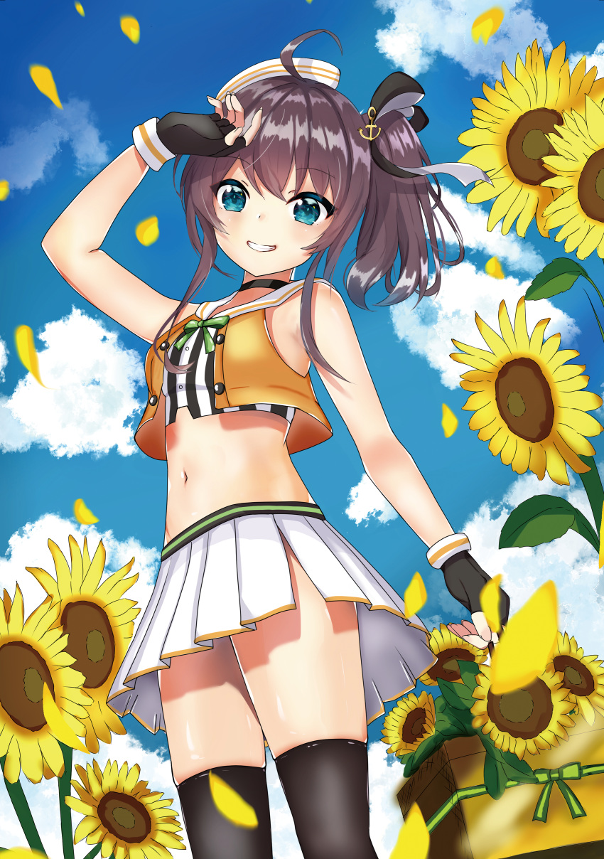 1girl, absurdres, ahoge, anchor_hair_ornament, arm_up, azur_lane, bangs, bare_shoulders