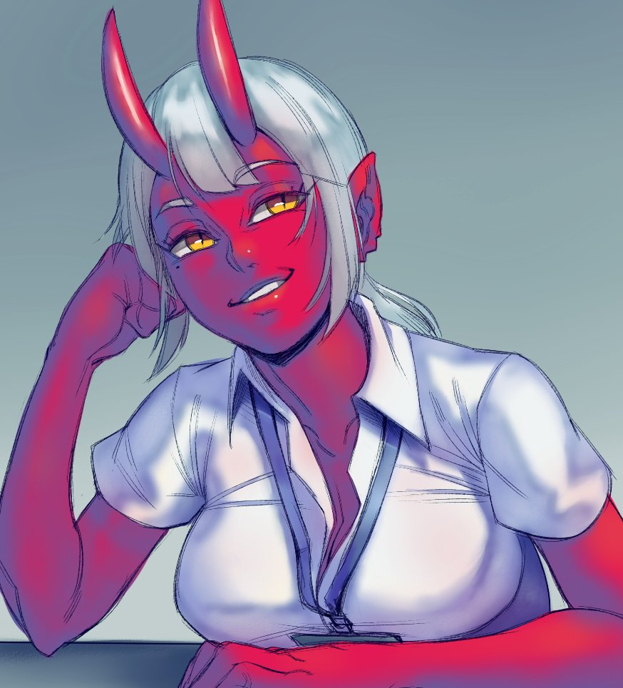 1girl, collarbone, demon_girl, demon_horns, elbows_on_table, estyy, eyebrows_visible_through_hair, grey_hair
