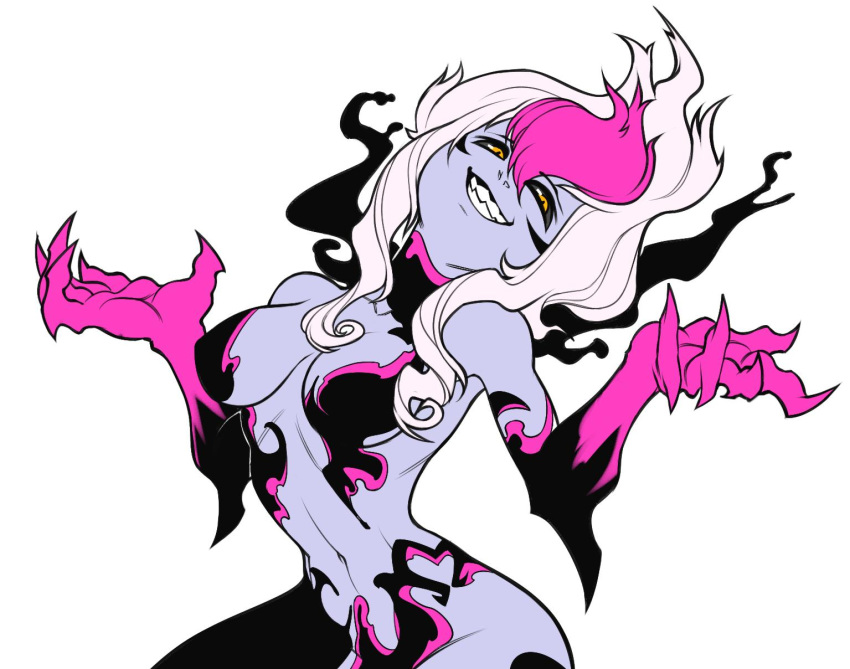 1girl, black_sclera, breasts, claws, estyy, evelynn, hair_between_eyes, highres