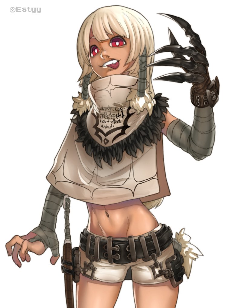 1girl, bandaged_arm, bandaged_hands, bandages, belt, blonde_hair, buckle, claw_(weapon)