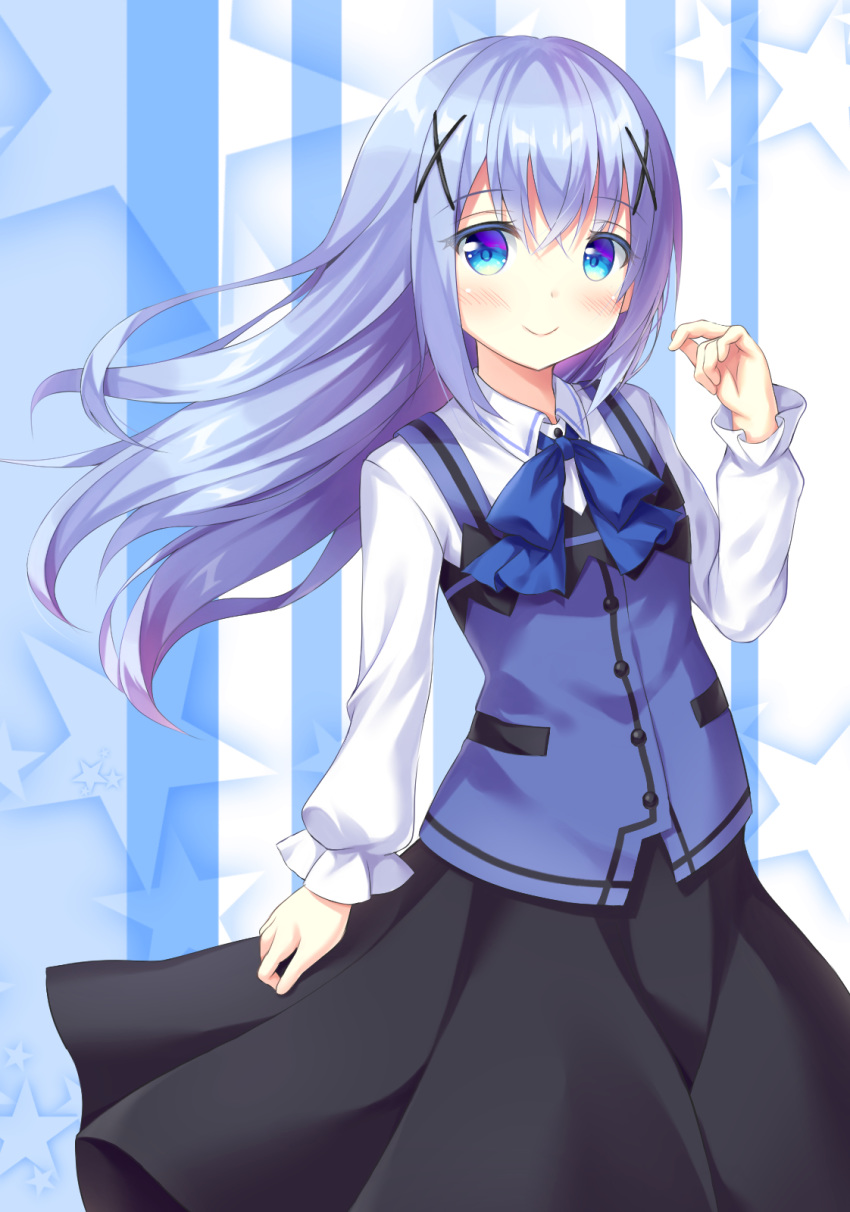 1girl, bangs, black_skirt, blue_eyes, blue_neckwear, closed_mouth, collared_shirt, eyebrows_visible_through_hair