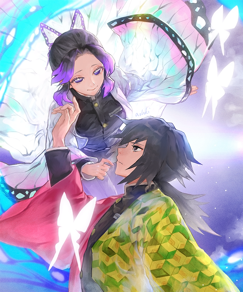 1boy, 1girl, arm_up, black_eyes, black_hair, black_jacket, bug, butterfly