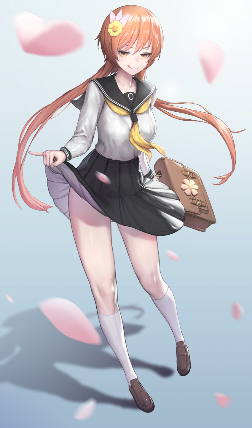 1girl, :q, absurdres, black_sailor_collar, black_skirt, blurry_foreground, brown_eyes, brown_footwear, brown_hair, cherry_blossoms, collarbone, collared_shirt, floating_hair, flower, full_body, go-jang, gradient, gradient_background, hair_flower, hair_ornament, half-closed_eyes, highres, holding, kneehighs, lifted_by_self, loafers, long_hair, long_sleeves, looking_at_viewer, low_twintails, miniskirt, neckerchief, nisekoi, pleated_skirt, sailor_collar, sailor_shirt, school_uniform, serafuku, shadow, shiny, shiny_hair, shirt, shoes, skirt, skirt_lift, solo, standing, tachibana_marika, tongue, tongue_out, twintails, very_long_hair, white_legwear, white_shirt, yellow_flower, yellow_neckwear