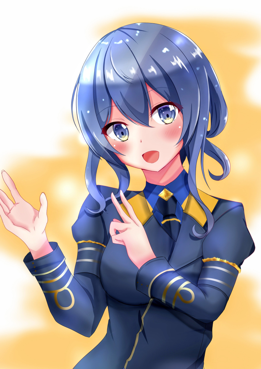 1girl, :d, absurdres, black_neckwear, blue_eyes, blue_hair, blue_jacket, blush