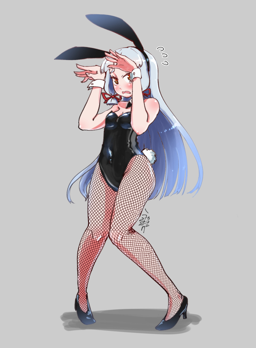 animal_ears, bare_shoulders, bunny_tail, bunnysuit, detached_collar, detached_sleeves, fishnet_legwear, fishnets