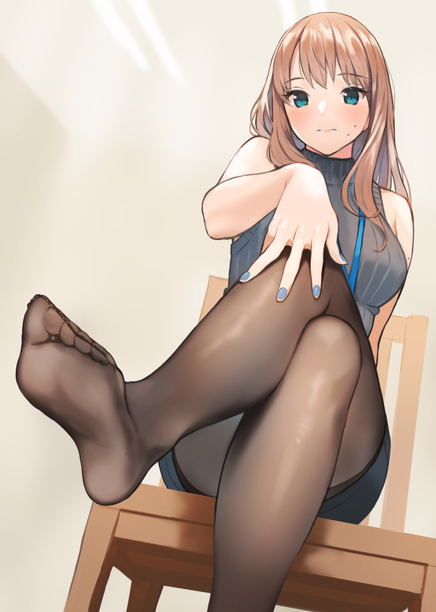1girl, black_legwear, blue_eyes, blue_nails, blue_skirt, blush, breasts, brown_hair