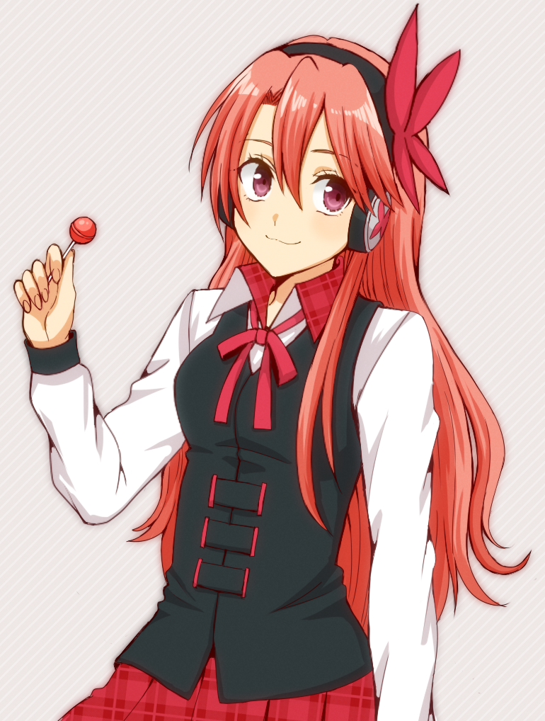 1girl, :3, akame_ga_kill!, bangs, brown_eyes, candy, chelsea_(akame_ga_kill!), closed_mouth