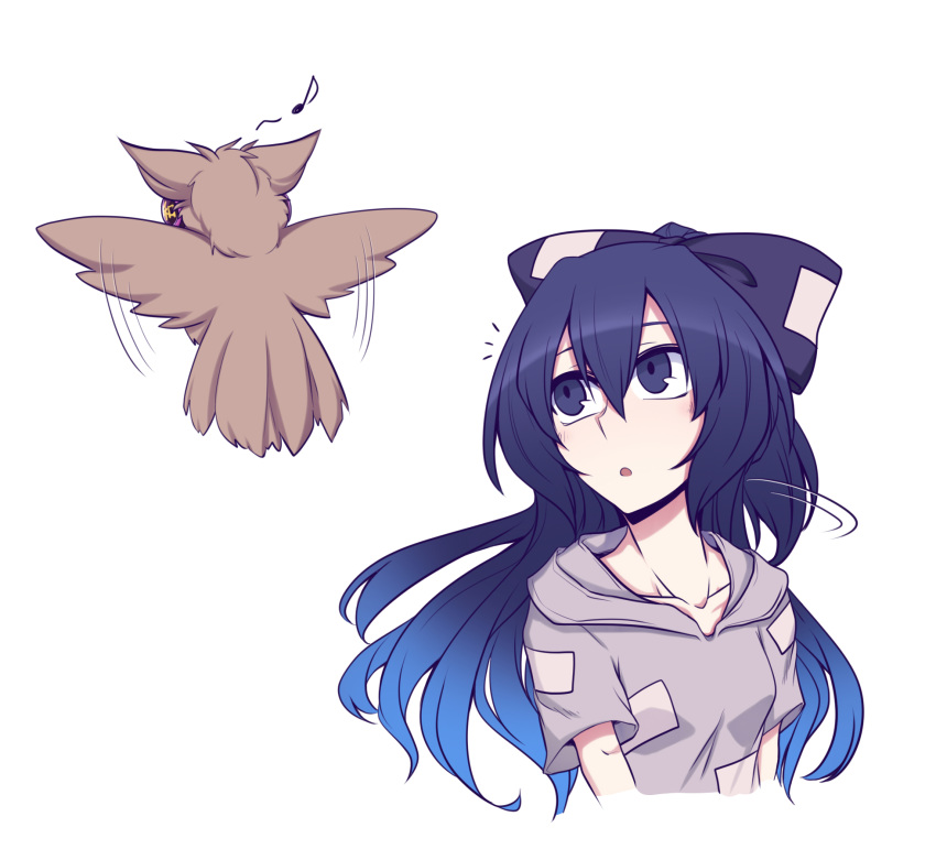 1girl, animalization, bangs, benizuwai, bird, blue_bow, blue_eyes, blue_hair
