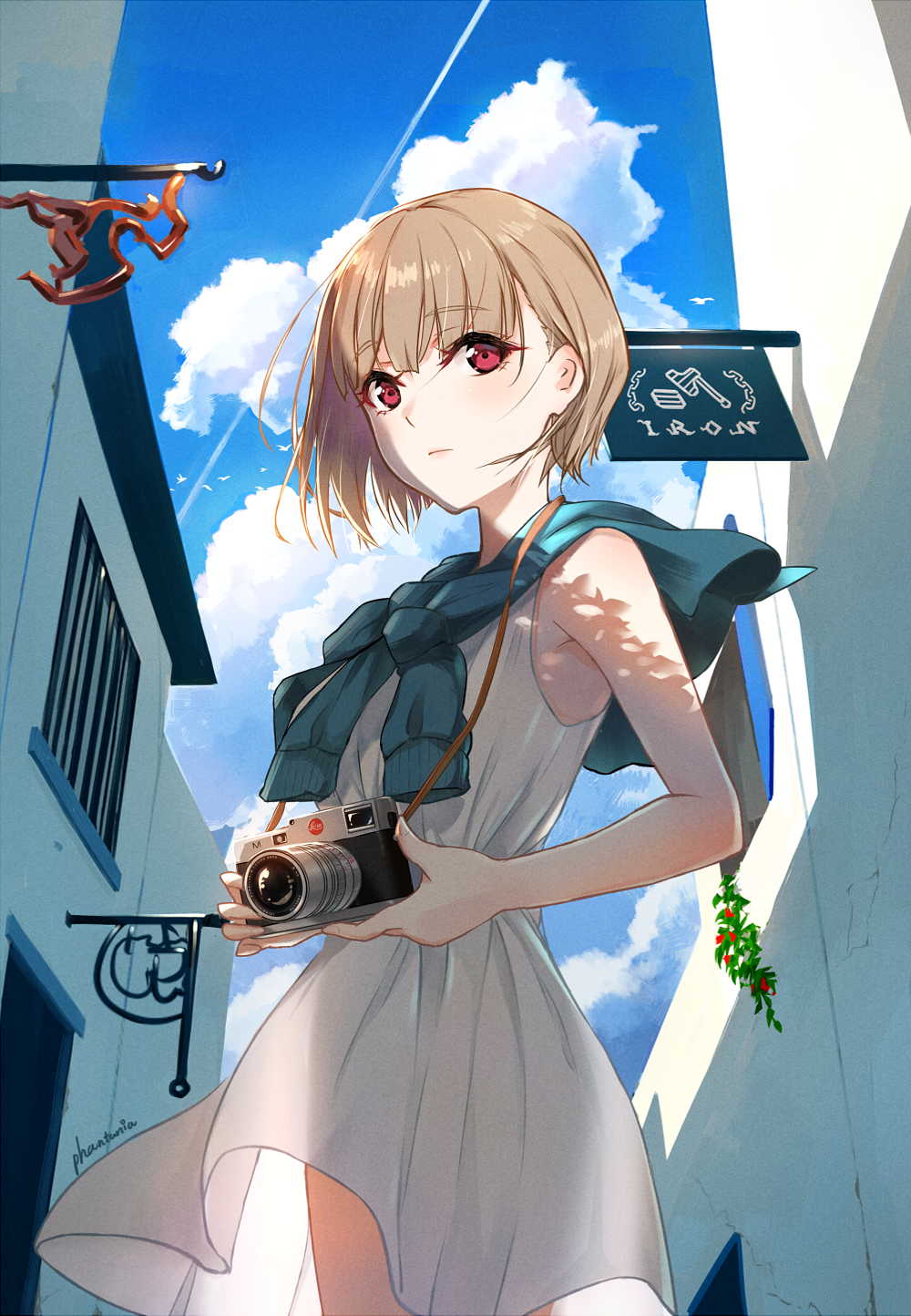 1girl, artist_name, bangs, bare_arms, bird, brown_hair, camera, closed_mouth