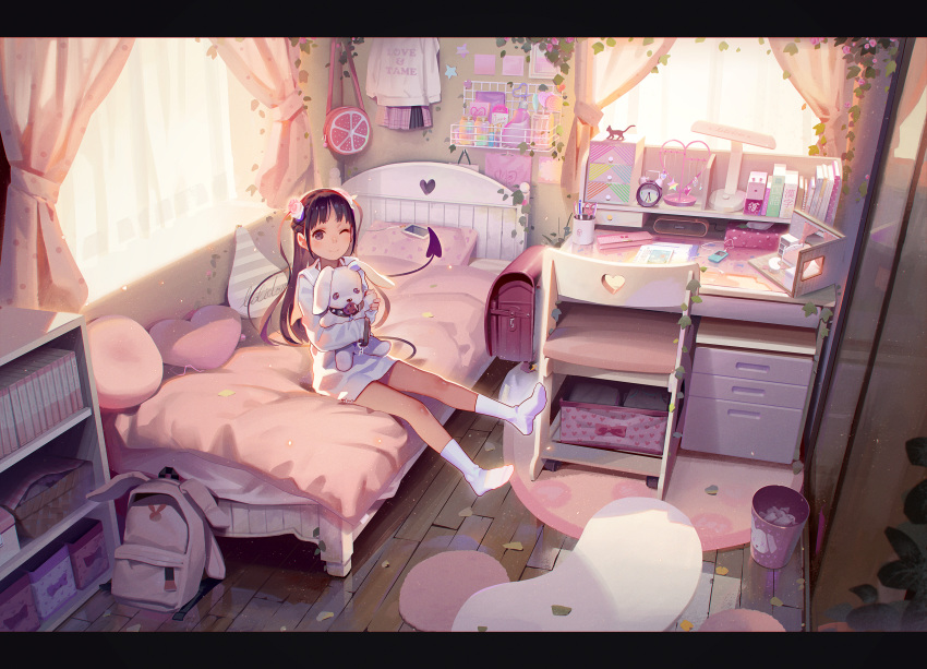 1girl, alarm_clock, backpack, backpack_removed, bag, ball_gag, bangs, bed, bedroom, black_eyes, black_hair, blush, book, candy, cellphone, clock, collar, cushion, demon_girl, demon_tail, desk, desk_lamp, digital_media_player, dress, earphones, flower, food, gag, hair_flower, hair_ornament, highres, indoors, lamp, leash, lollipop, long_hair, looking_at_viewer, model_building, muk_(monsieur), one_eye_closed, pen, phone, randoseru, sailor_collar, scissors, sitting, smartphone, smile, solo, stuffed_animal, stuffed_bunny, stuffed_toy, succubus, tail, window